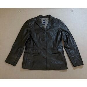 GAP Genuine Leather‎ Jacket Womens Small Black Button Long Sleeve Coat Ladies